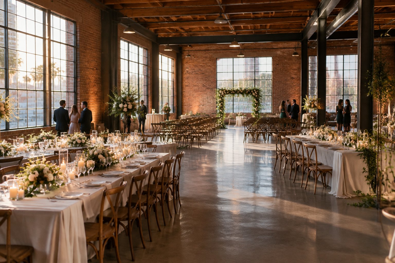 A wedding reception set up inside a spacious industrial venue.