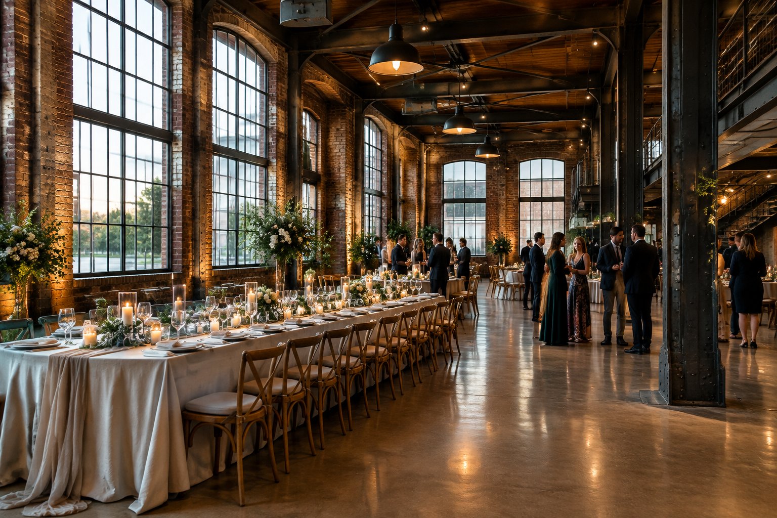 Guests mingle around a decorated reception table inside a brick industrial wedding venue.