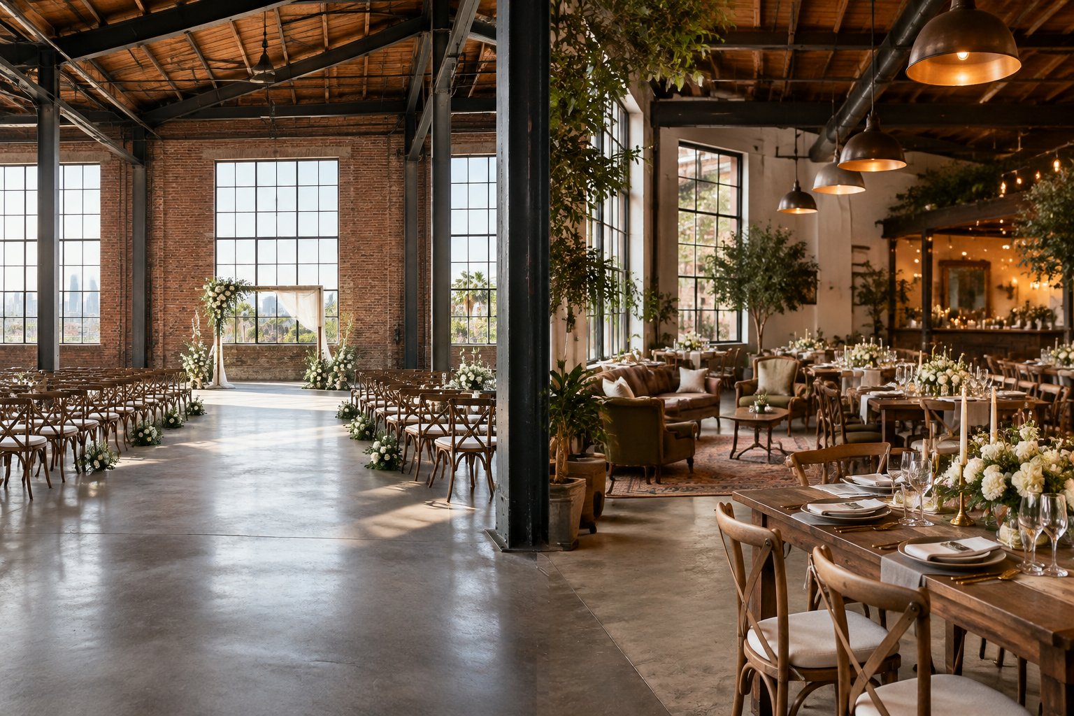 Two industrial wedding venues with exposed brick, steel beams, decorated tables, and floral arrangements.