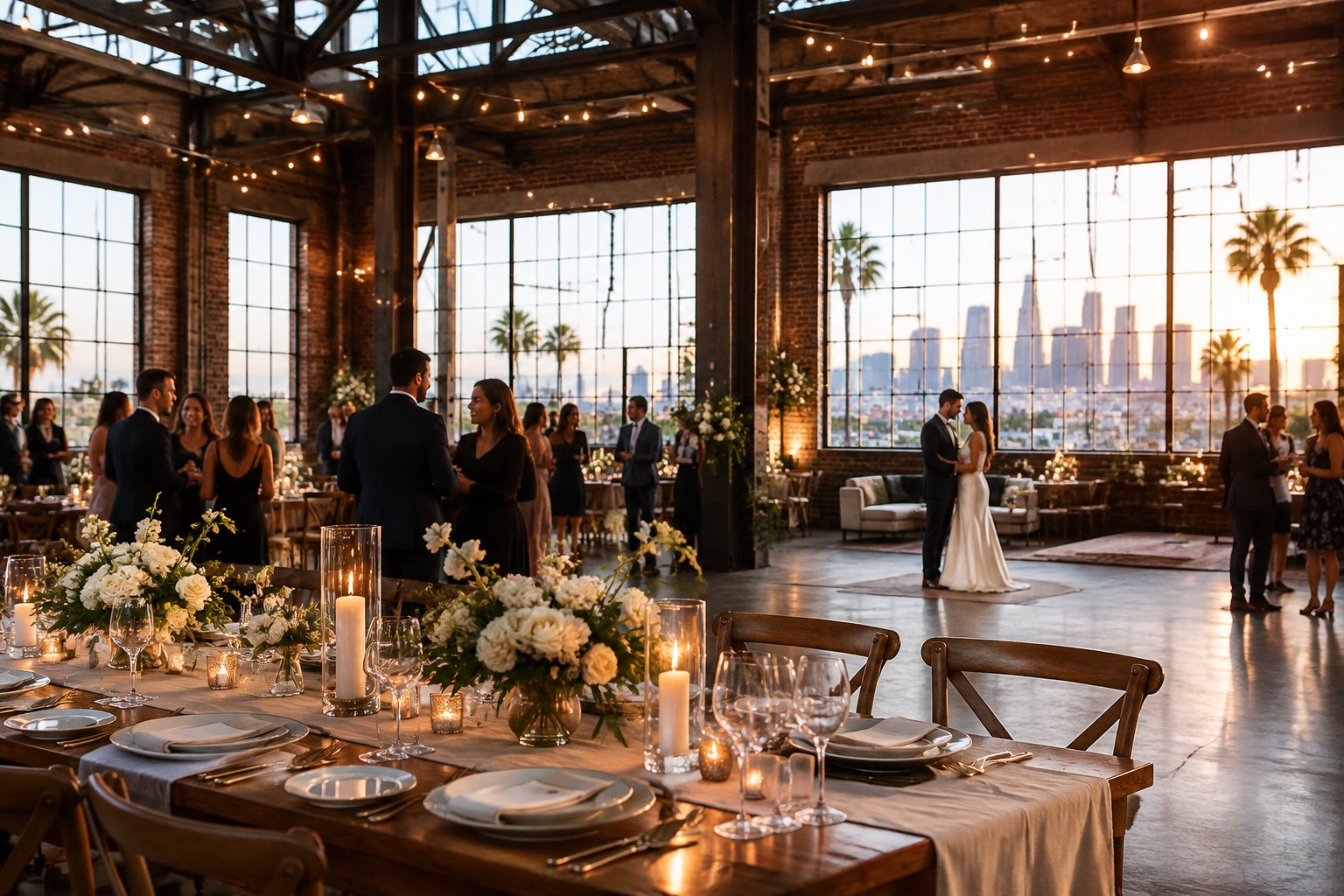 A couple and guests gather for a wedding reception in a brick-walled Los Angeles warehouse.