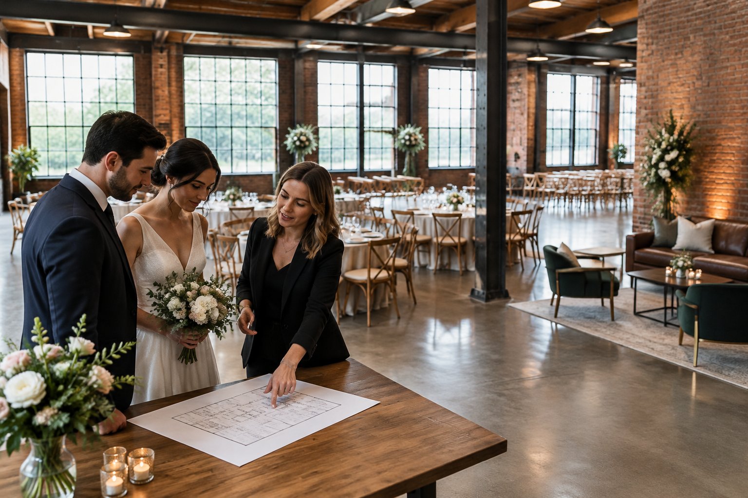 A couple and wedding planner review a floor plan inside a converted warehouse wedding venue.