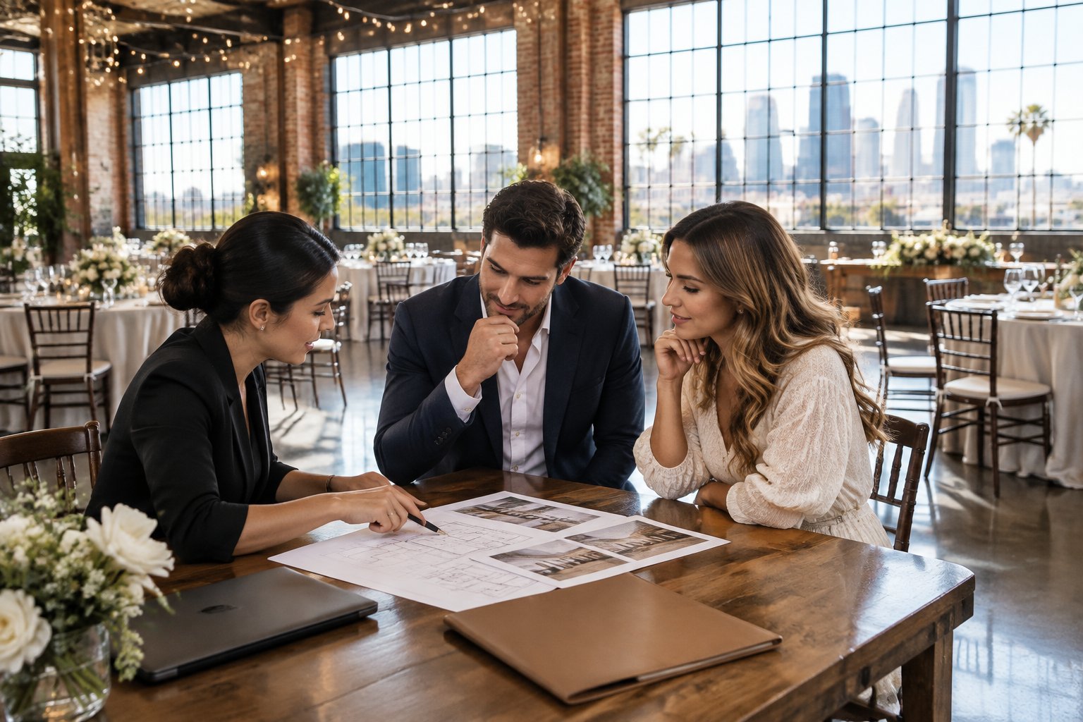 A couple and wedding planner review plans in a decorated industrial wedding venue.