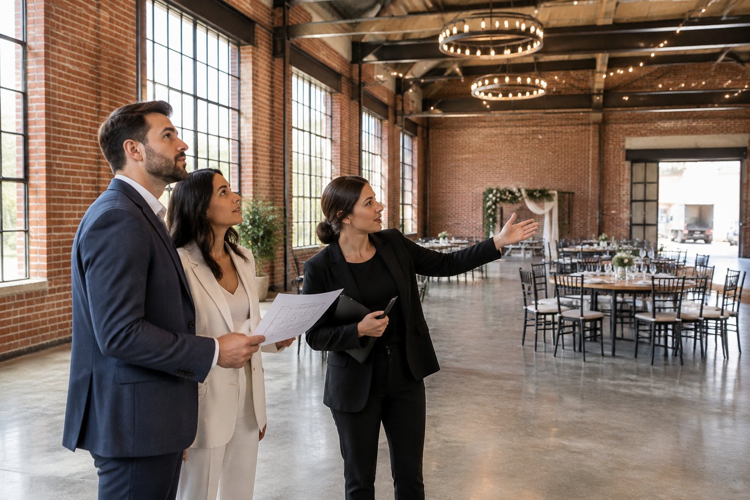 A couple and a coordinator inspect a warehouse-style wedding venue.