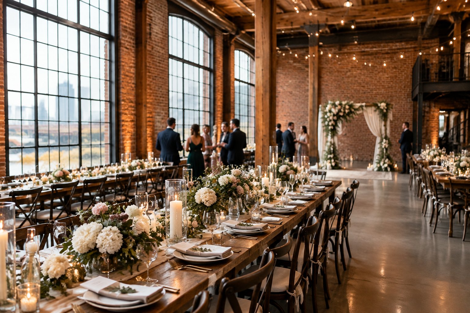 A wedding reception set in a converted industrial warehouse.