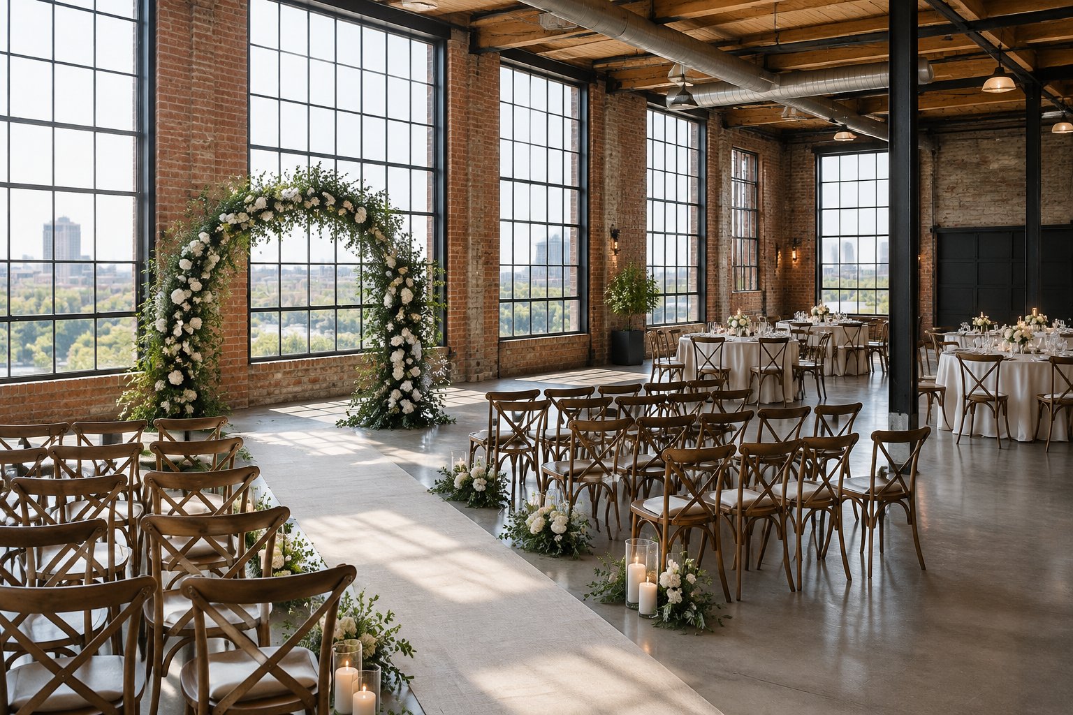 A wedding ceremony setup inside a brick warehouse with tall windows and exposed steel beams.