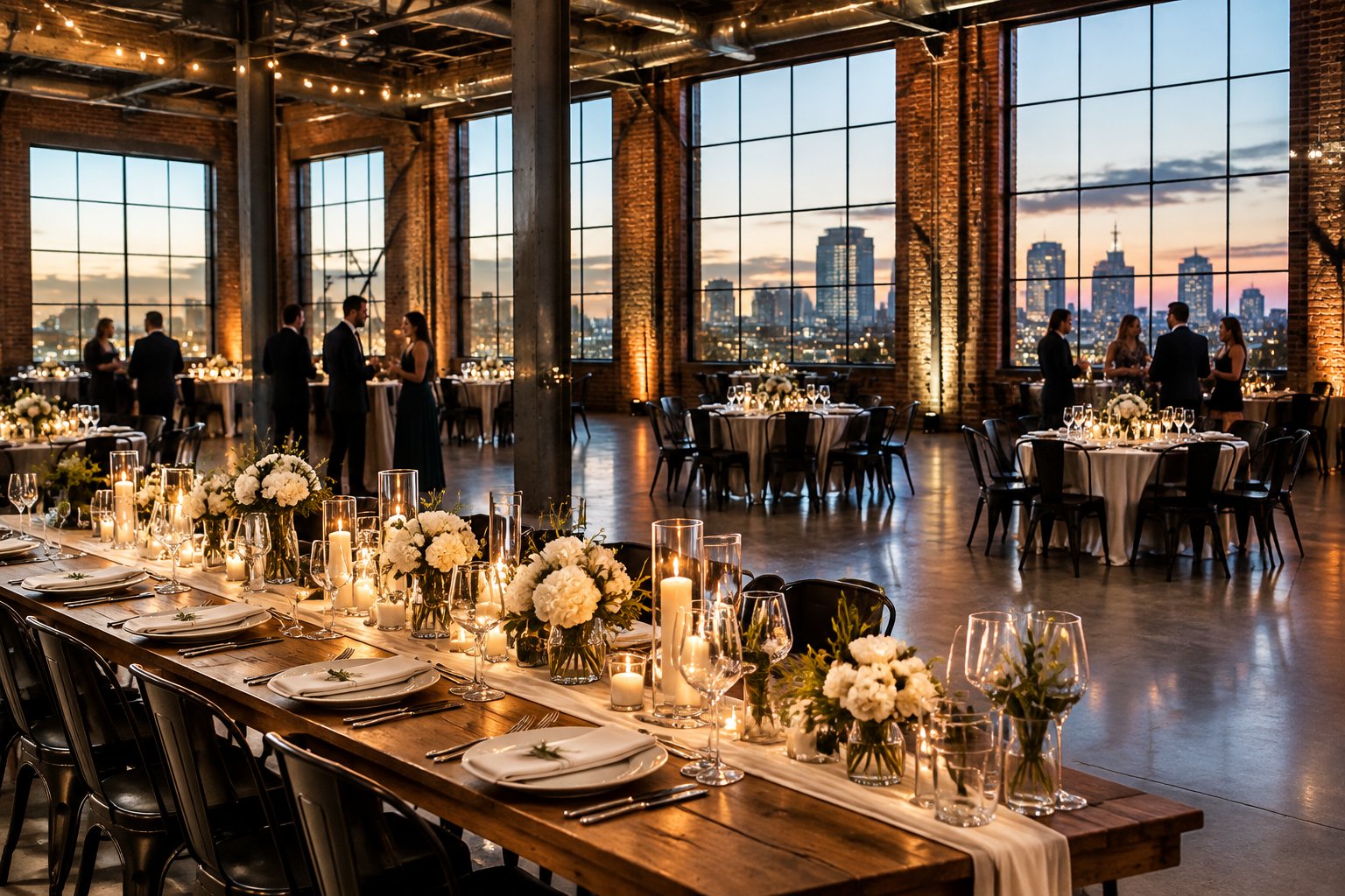 Guests mingle at a wedding reception in a brick-and-steel warehouse venue.