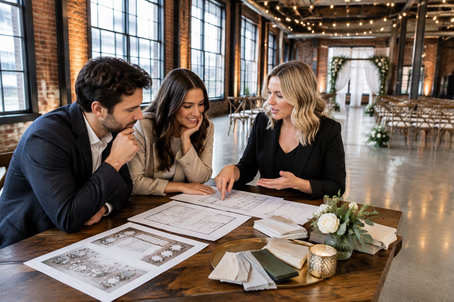 A couple and venue coordinator compare wedding venue plans inside an industrial event space.