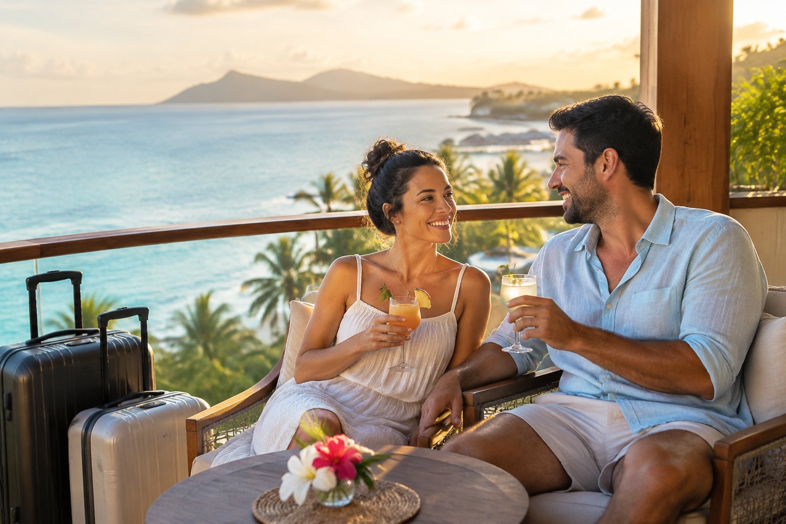 A newlywed couple relaxes on a resort balcony overlooking the ocean.
