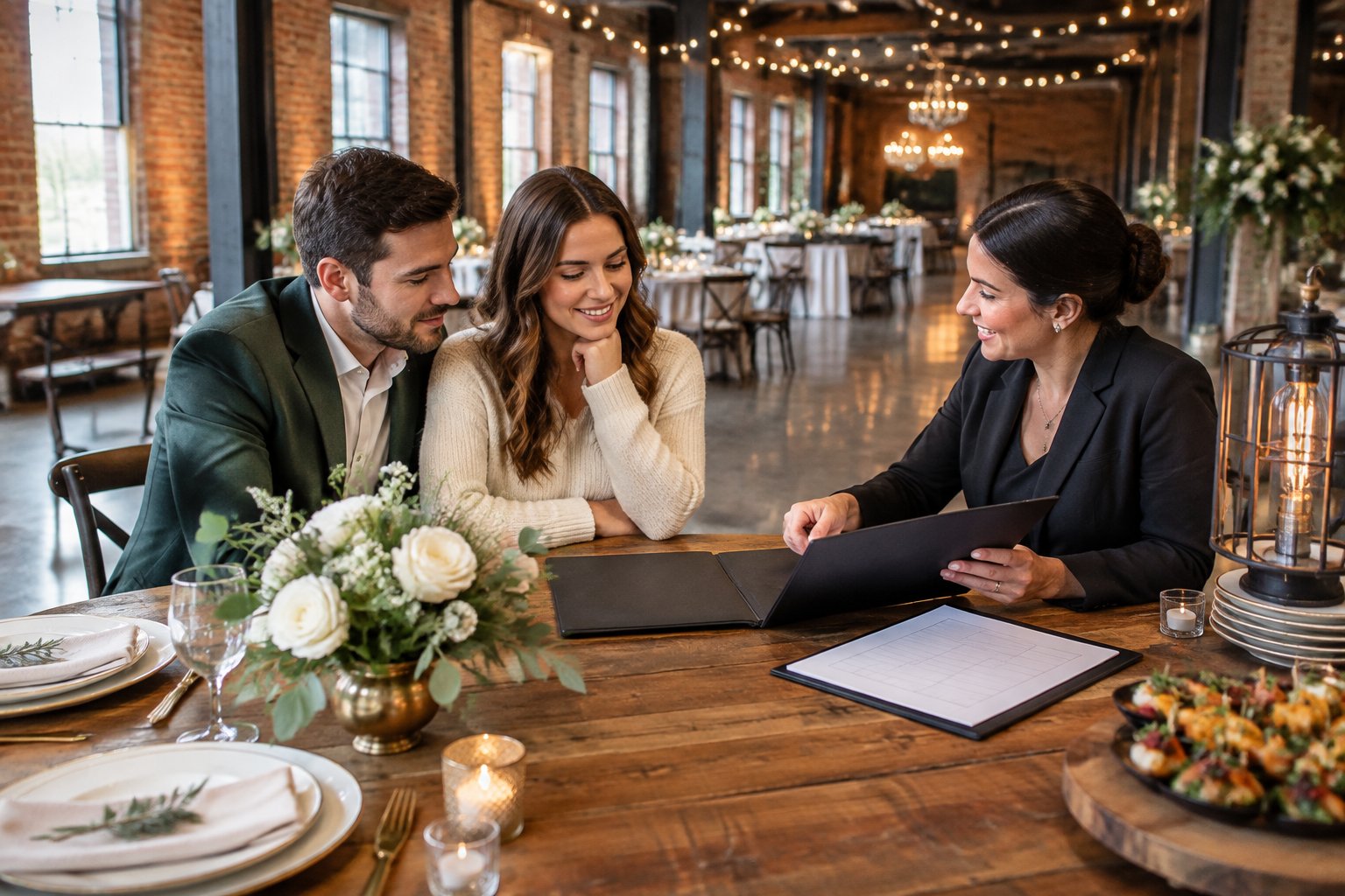 A couple and a venue coordinator review wedding plans at a table in an industrial venue.