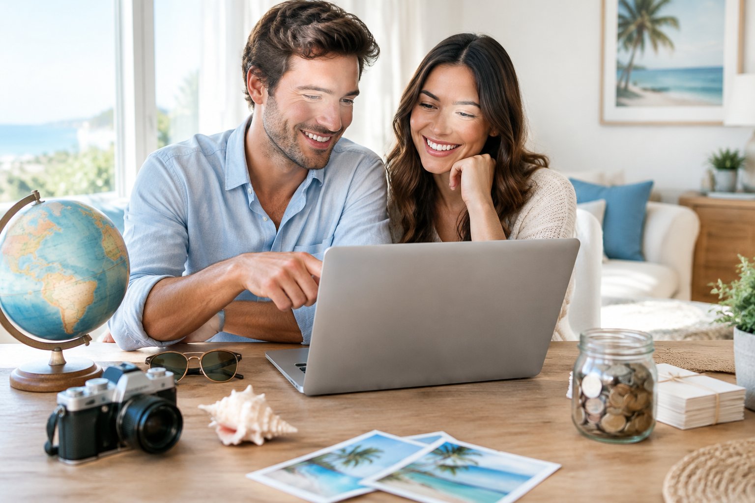 A newlywed couple plans their honeymoon together at a table with a laptop and travel items.