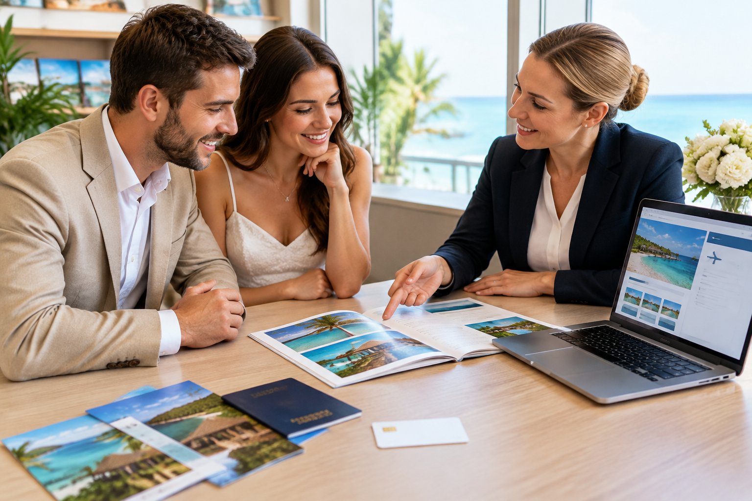 A travel agent helps a newlywed couple review honeymoon plans at a desk.