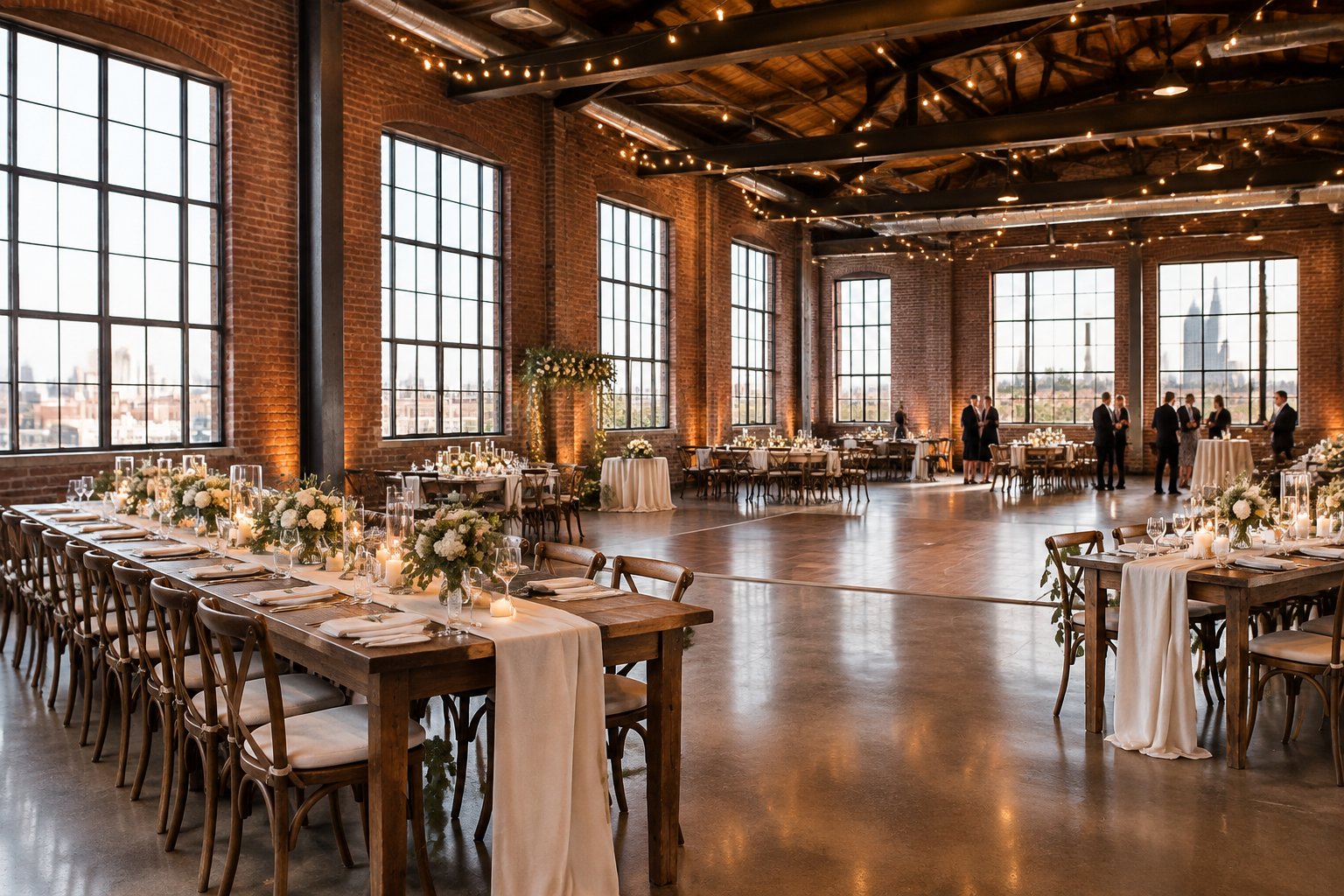 A wedding reception set up inside a brick industrial venue.