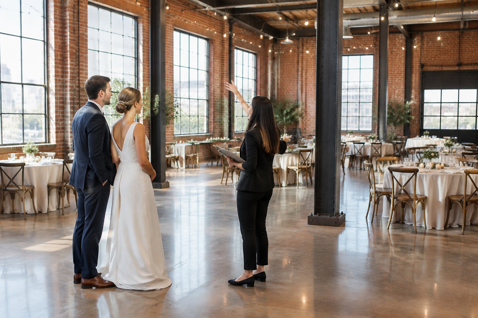 A couple and coordinator look around a warehouse-style wedding venue.