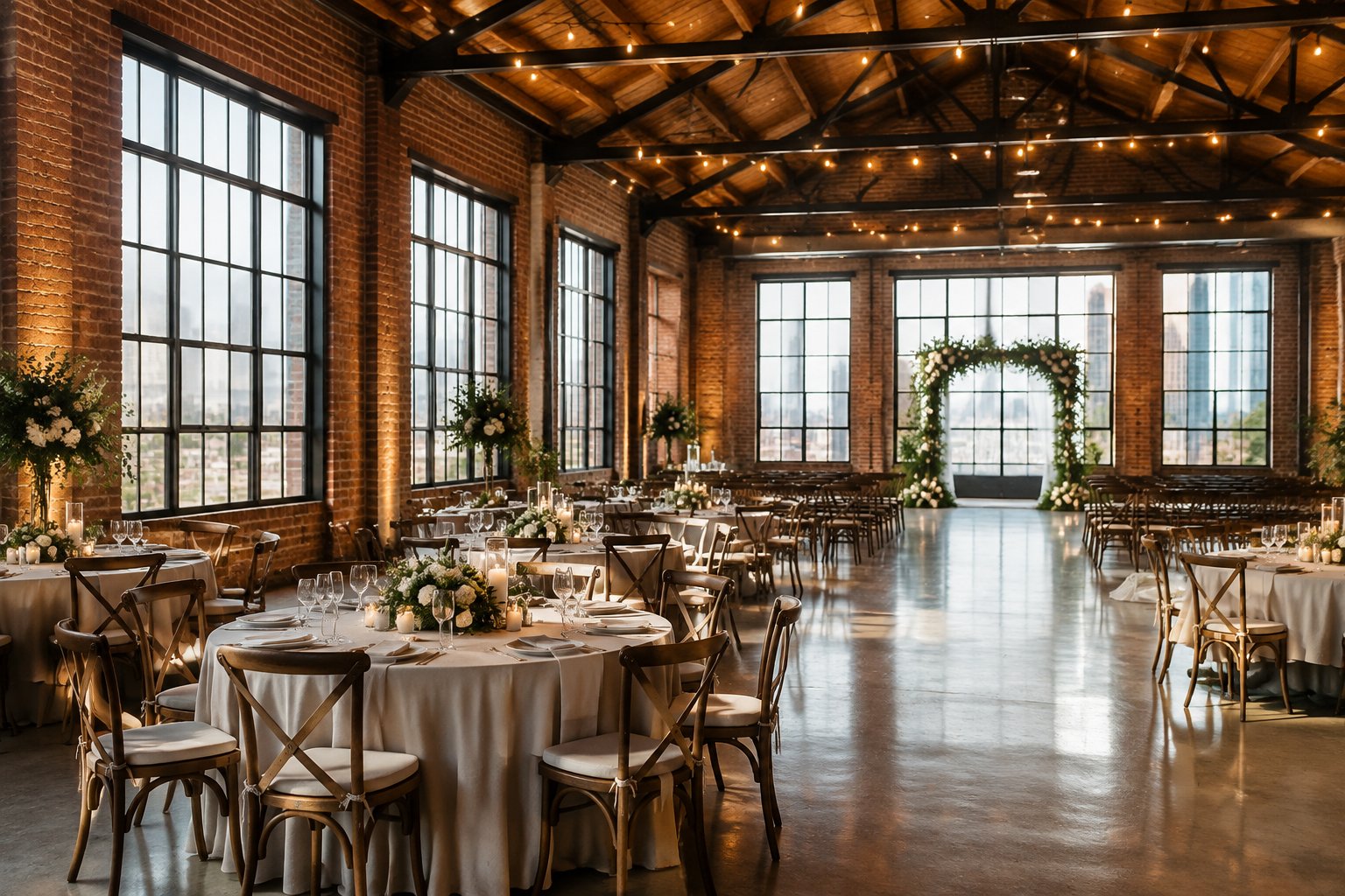 A wedding reception arranged inside a brick-walled warehouse venue.