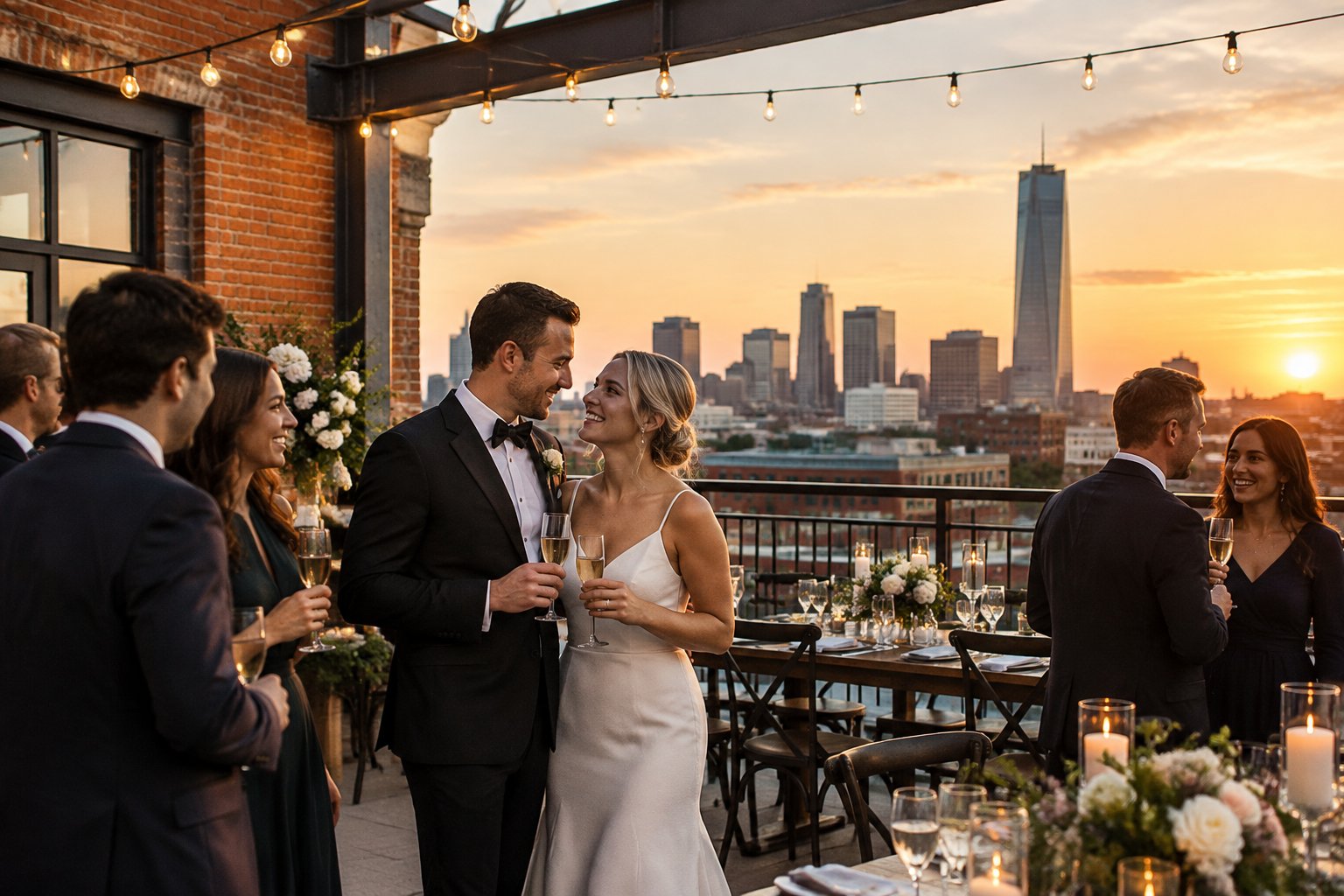 A newly married couple celebrates with guests on a rooftop overlooking the Oklahoma City skyline.