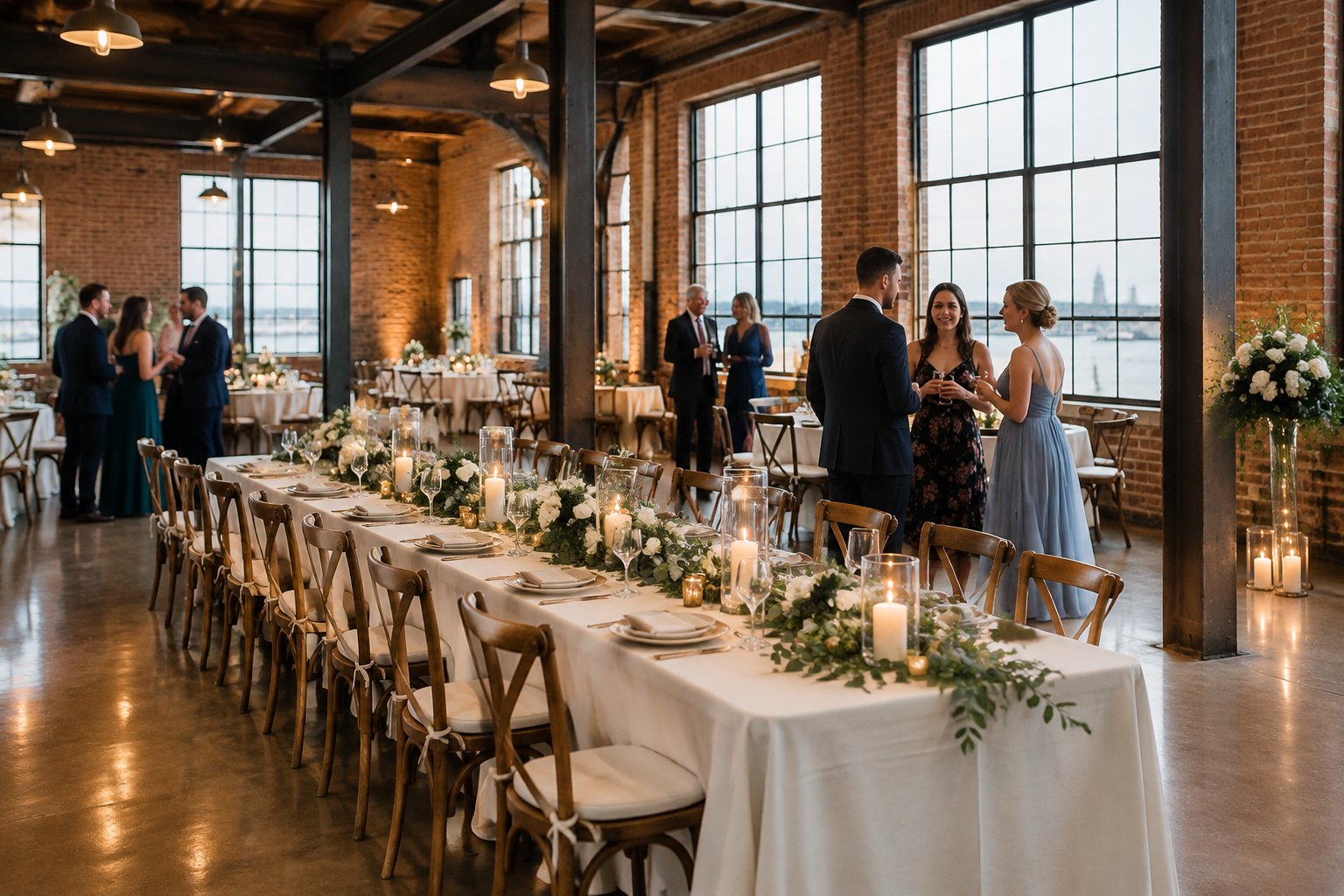 Guests gather around a decorated reception table in a brick industrial wedding venue.