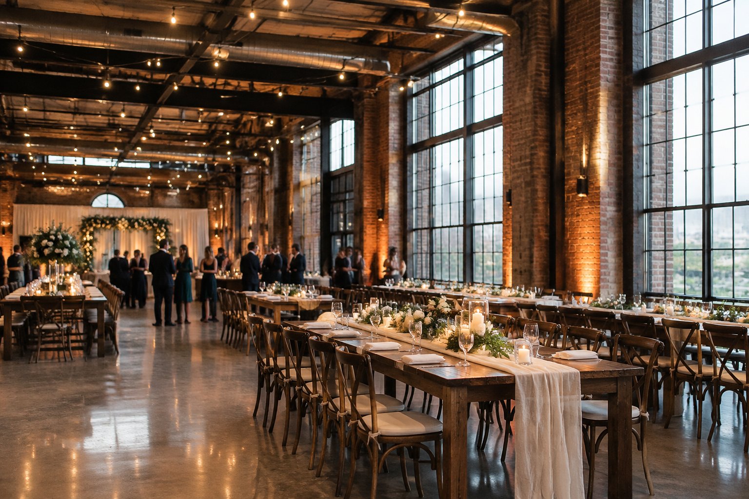 A wedding reception set in a spacious brick warehouse with tall windows and wooden tables.