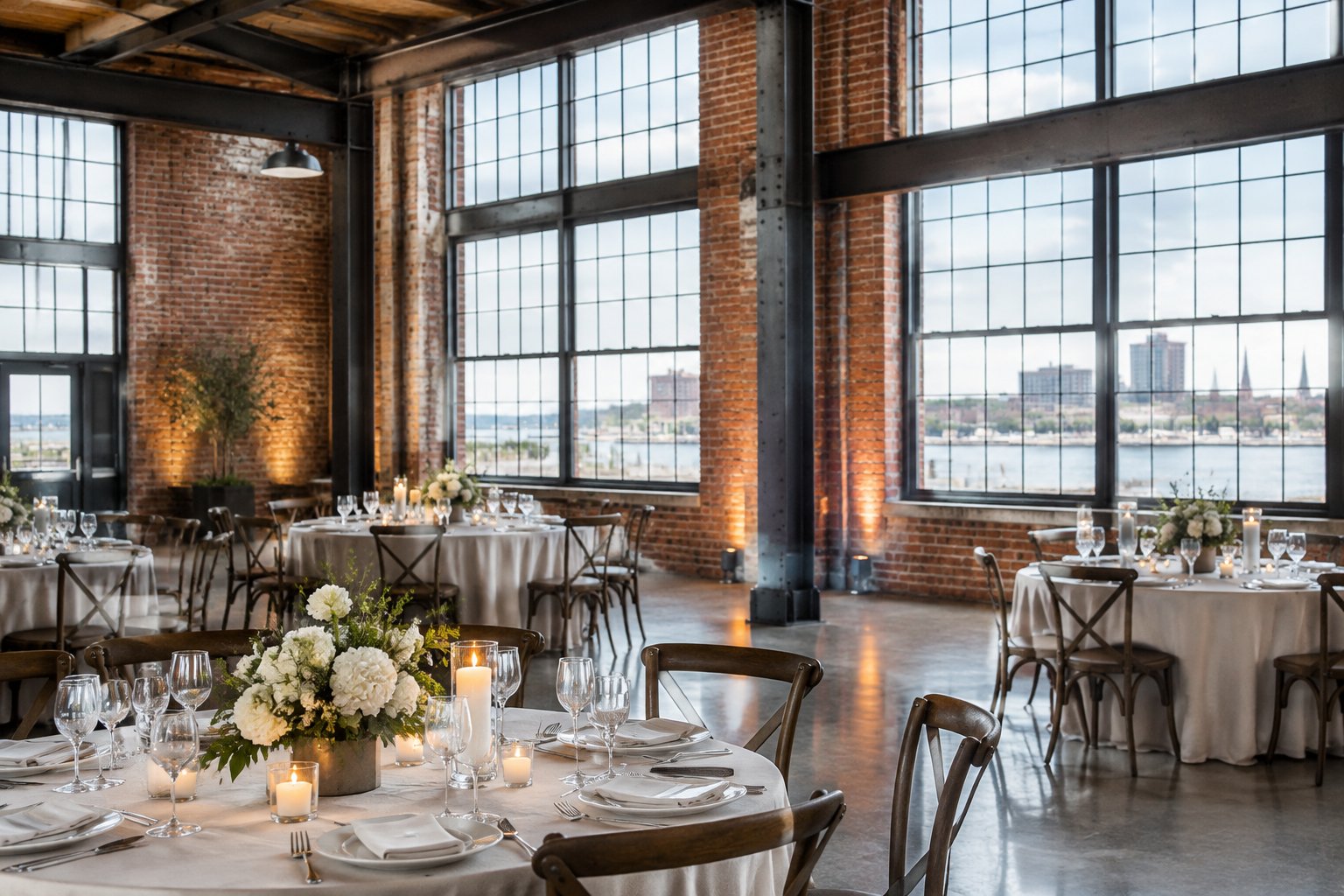 A wedding reception table inside a brick industrial venue.