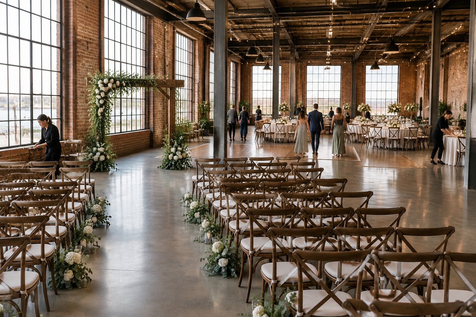 A wedding ceremony aisle and reception tables arranged in a spacious brick industrial venue.