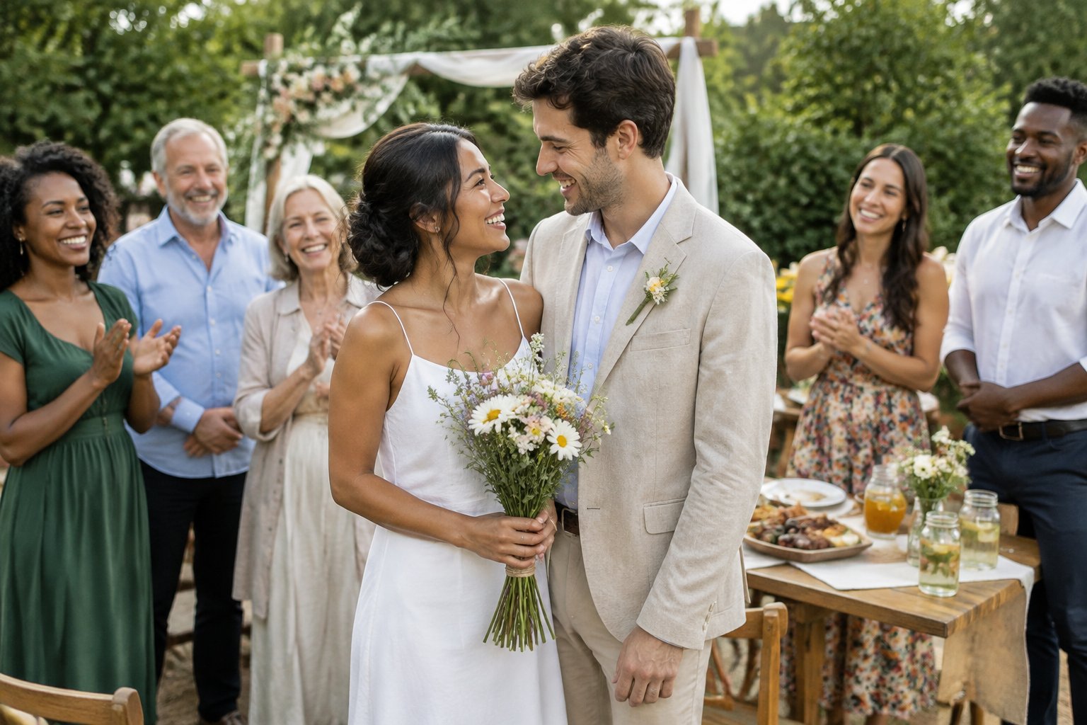 A newlywed couple celebrates with family and friends at a small garden wedding.