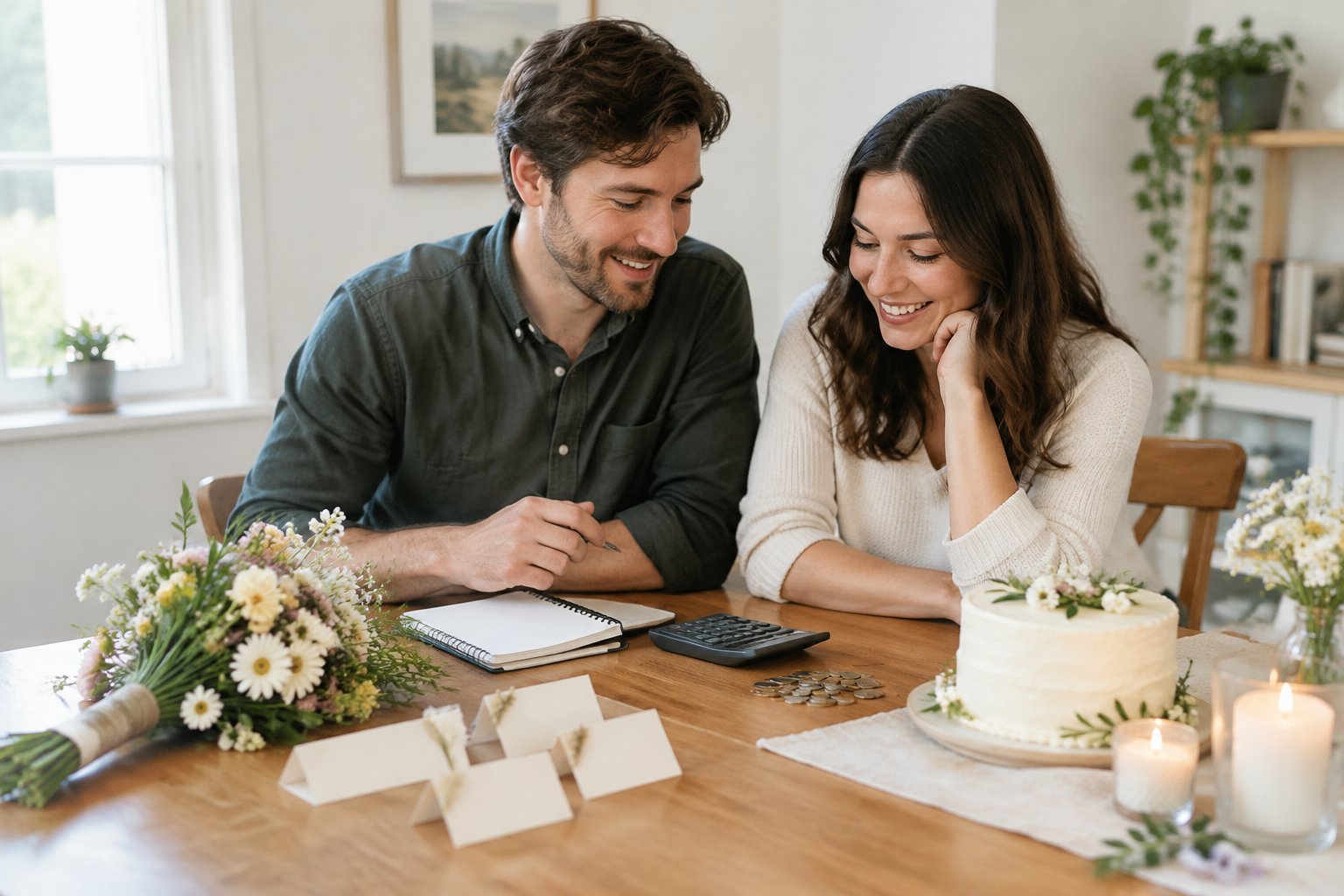 A couple plans an affordable wedding at a kitchen table with flowers, a small cake, a notebook, and a calculator.