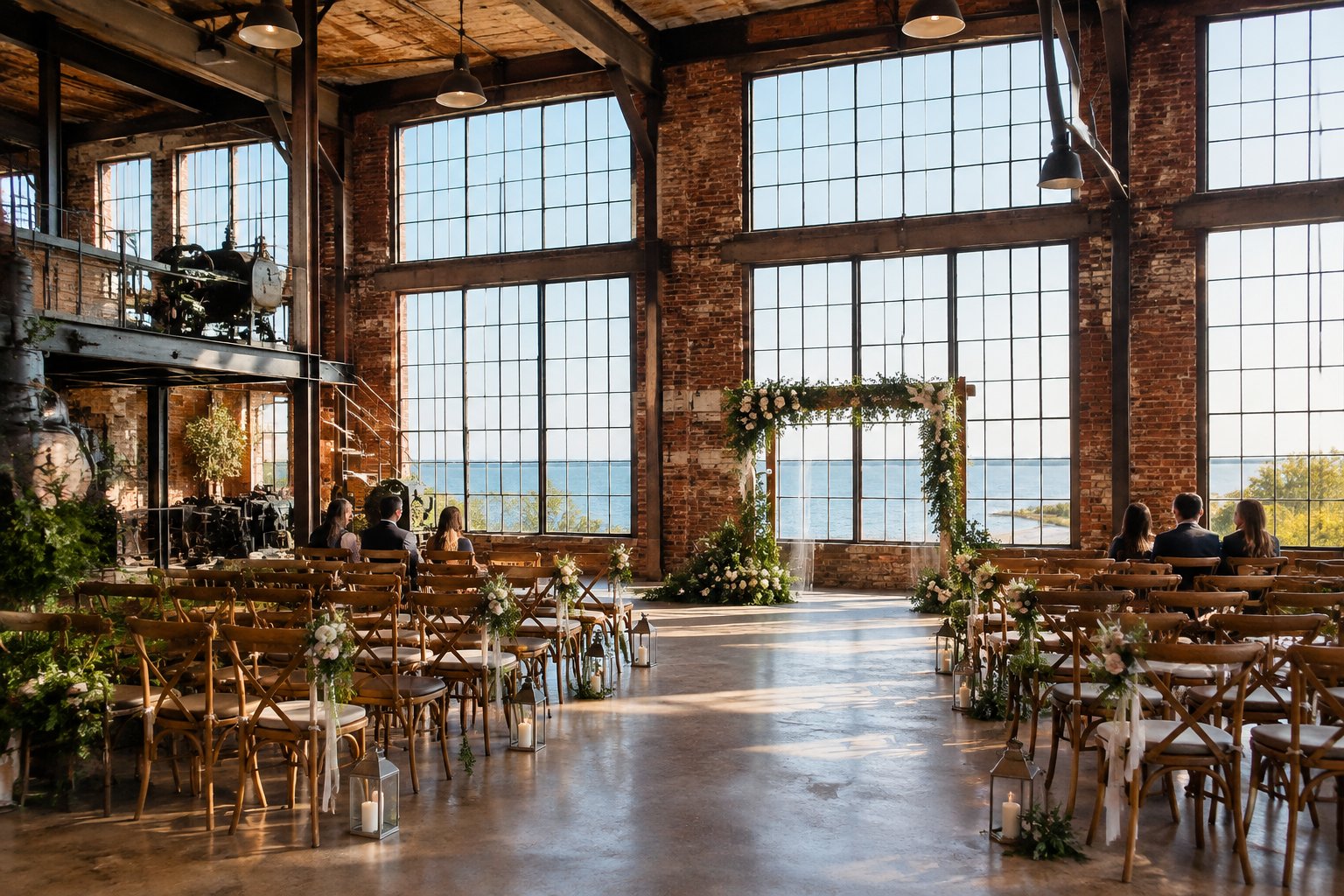 A wedding ceremony setup inside a brick industrial venue near a lakeshore.