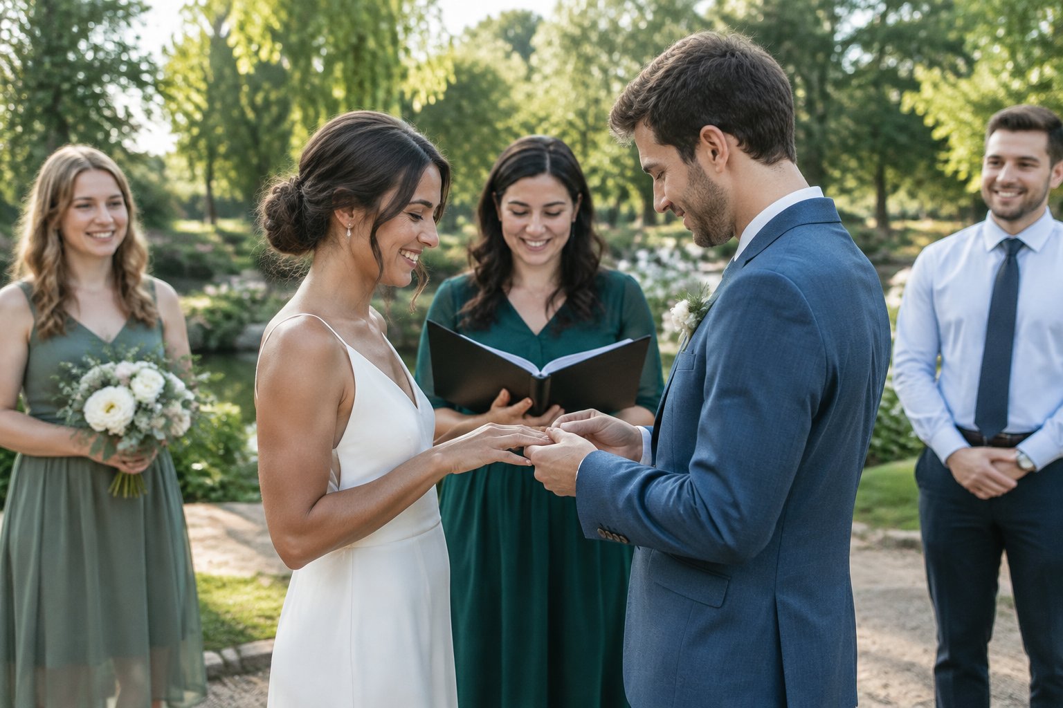 A couple exchanges rings during a small outdoor wedding ceremony as a few loved ones watch.