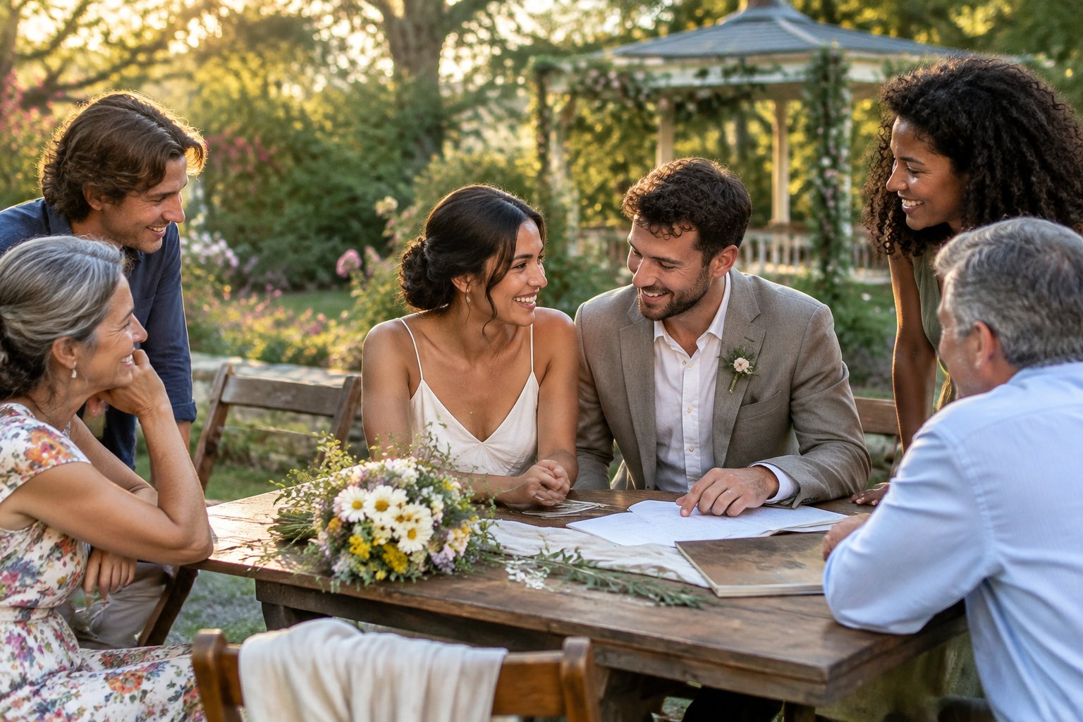 A couple discusses their wedding plans at a table in a garden.