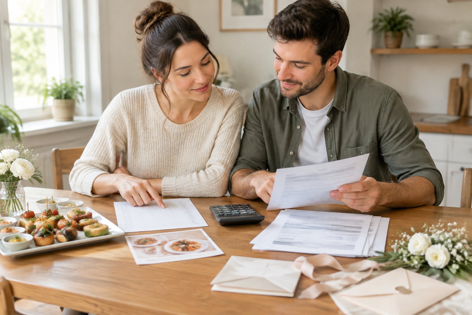 A couple reviews a guest list, menu, and vendor estimates at a kitchen table.