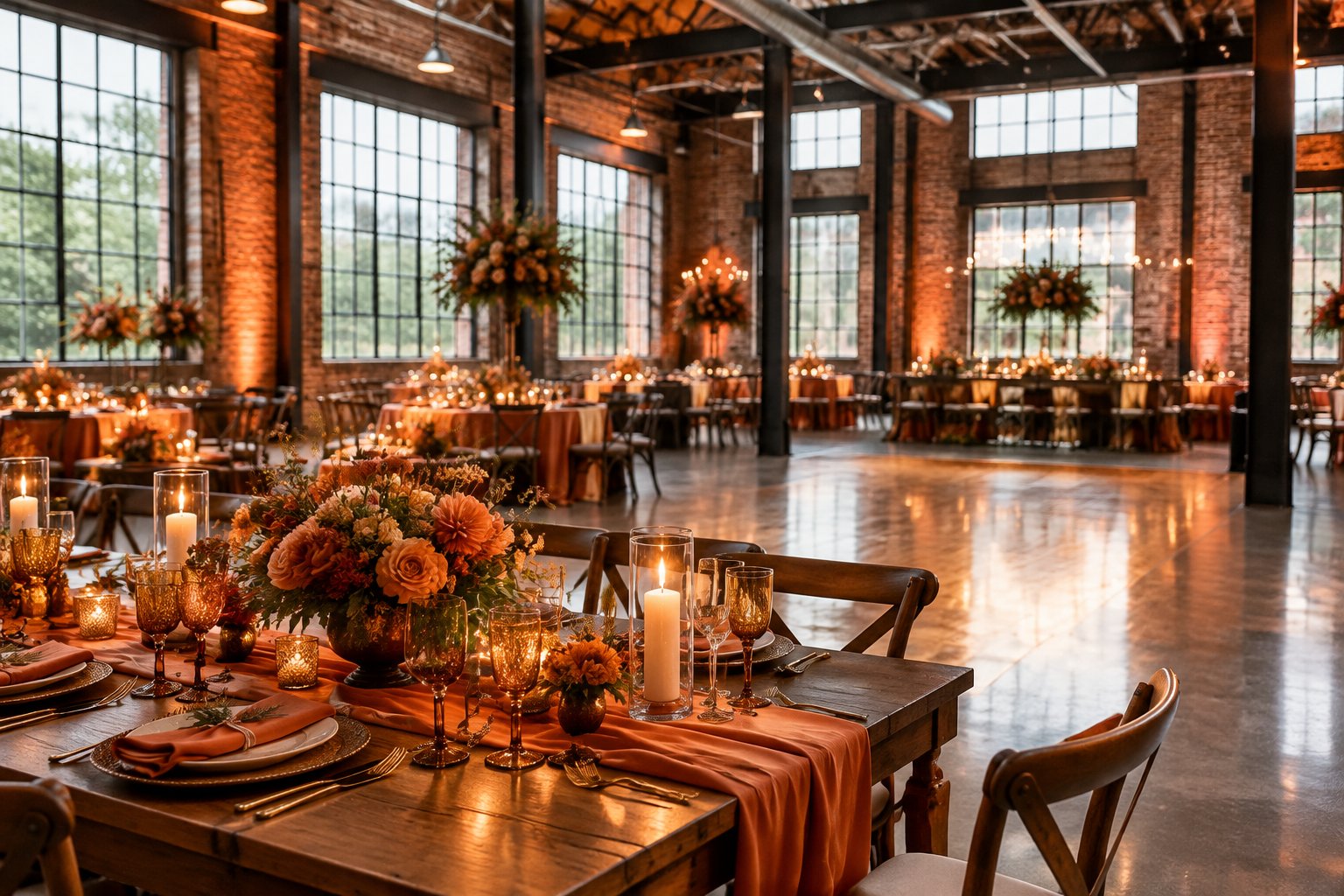 A wedding reception table with orange flowers inside an industrial venue.