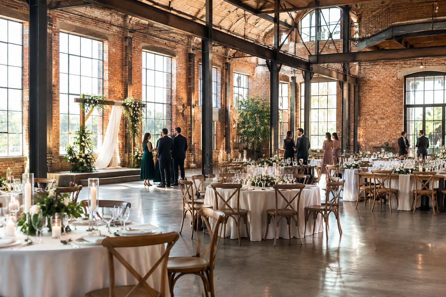 Guests gather around decorated tables in a brick industrial wedding venue.