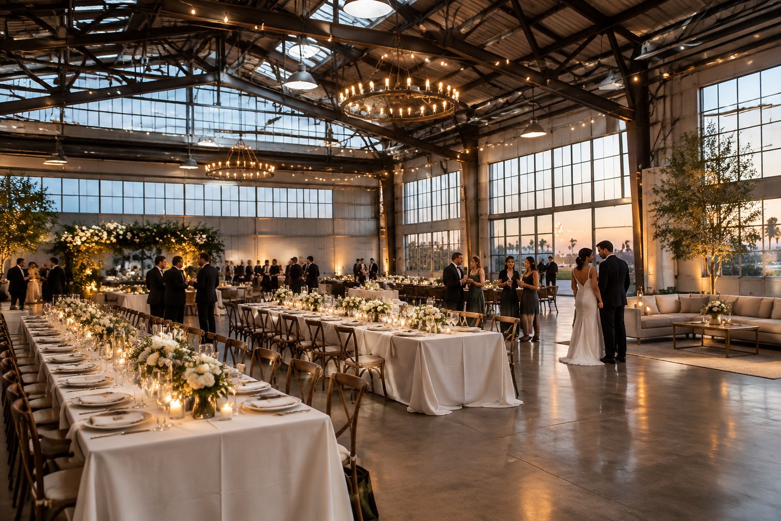 Guests gather for a wedding reception inside a spacious industrial venue.