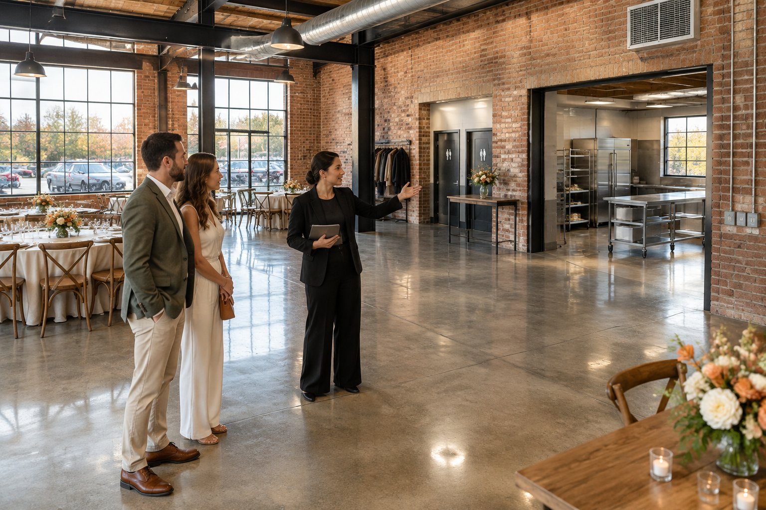 A couple and wedding planner inspect amenities inside a converted warehouse wedding venue.