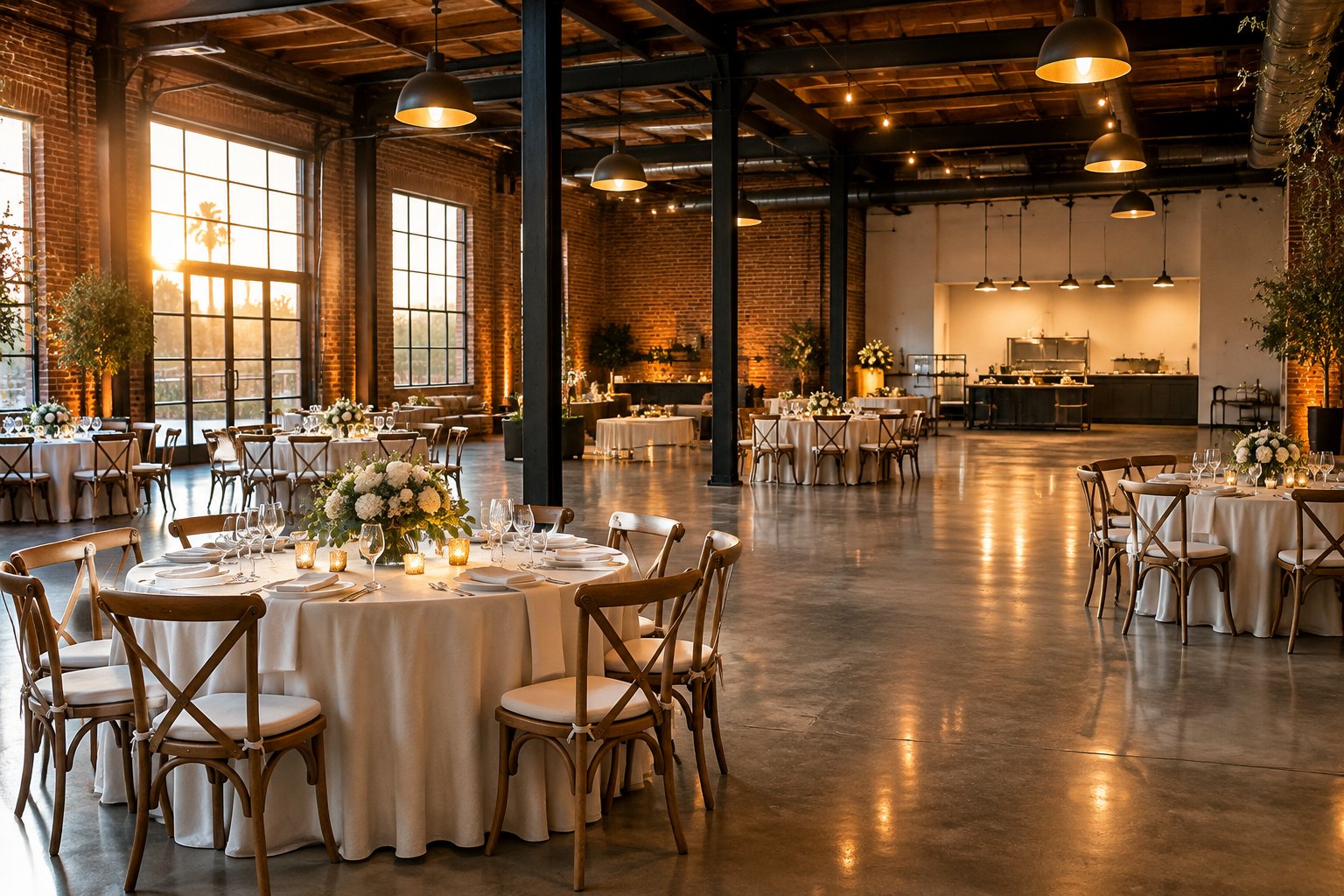 A decorated warehouse reception space with exposed brick, steel beams, and round wedding tables.