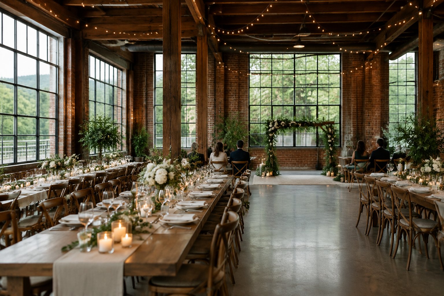 A wedding reception is arranged inside a brick-and-timber industrial venue.