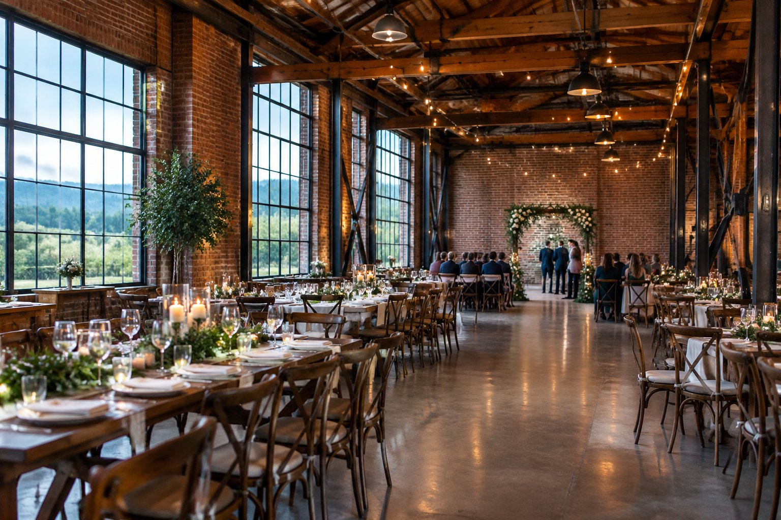 A wedding reception arranged inside a spacious warehouse.