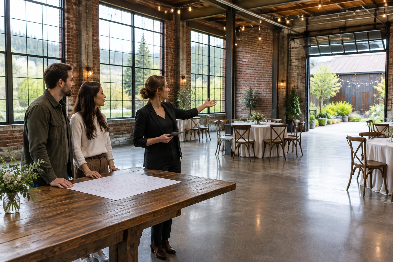 A couple and venue coordinator inspect an industrial wedding venue with exposed brick, tall windows, and reception tables.