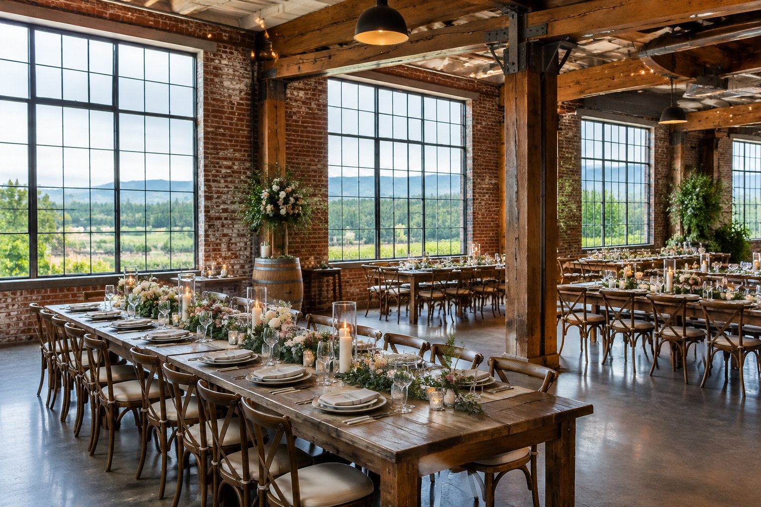 A wedding reception setup inside a converted warehouse with brick walls and large windows.