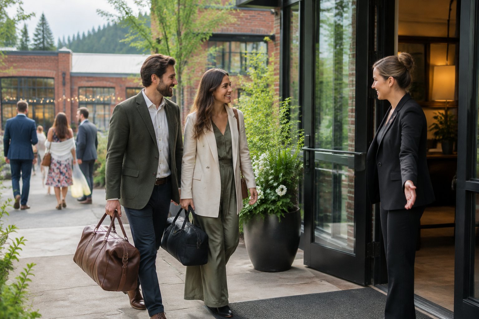 Wedding guests arrive with overnight bags at a hotel.