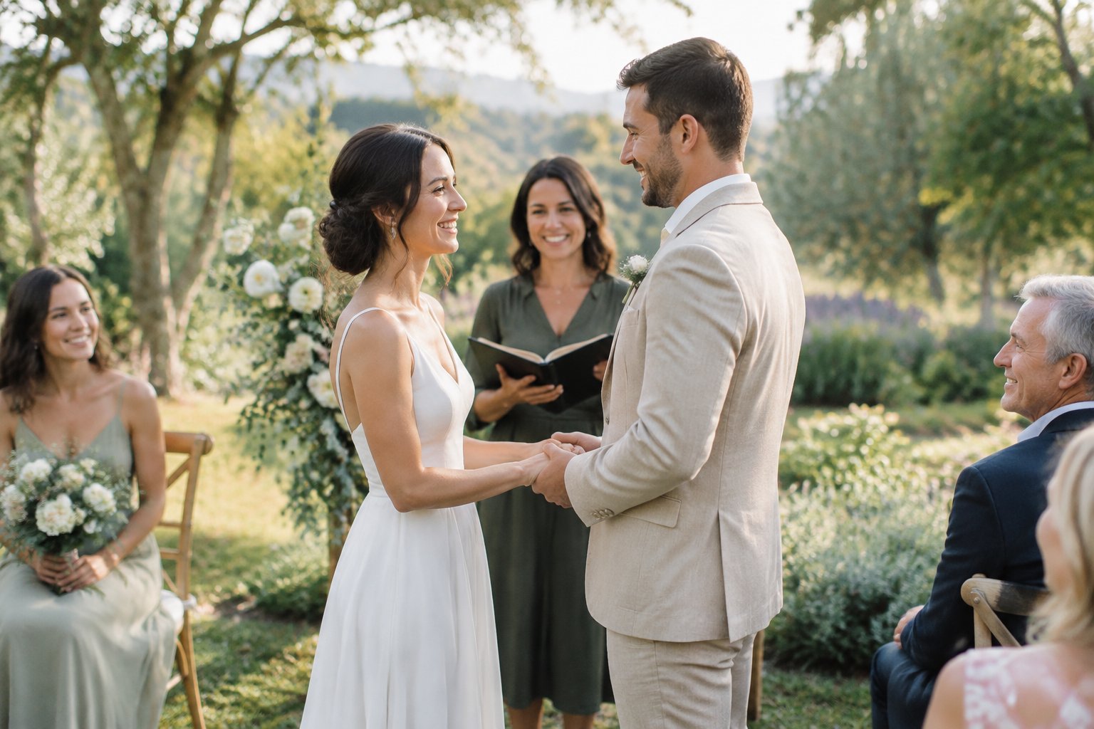 A couple exchanges vows in a small garden ceremony with family and friends nearby.