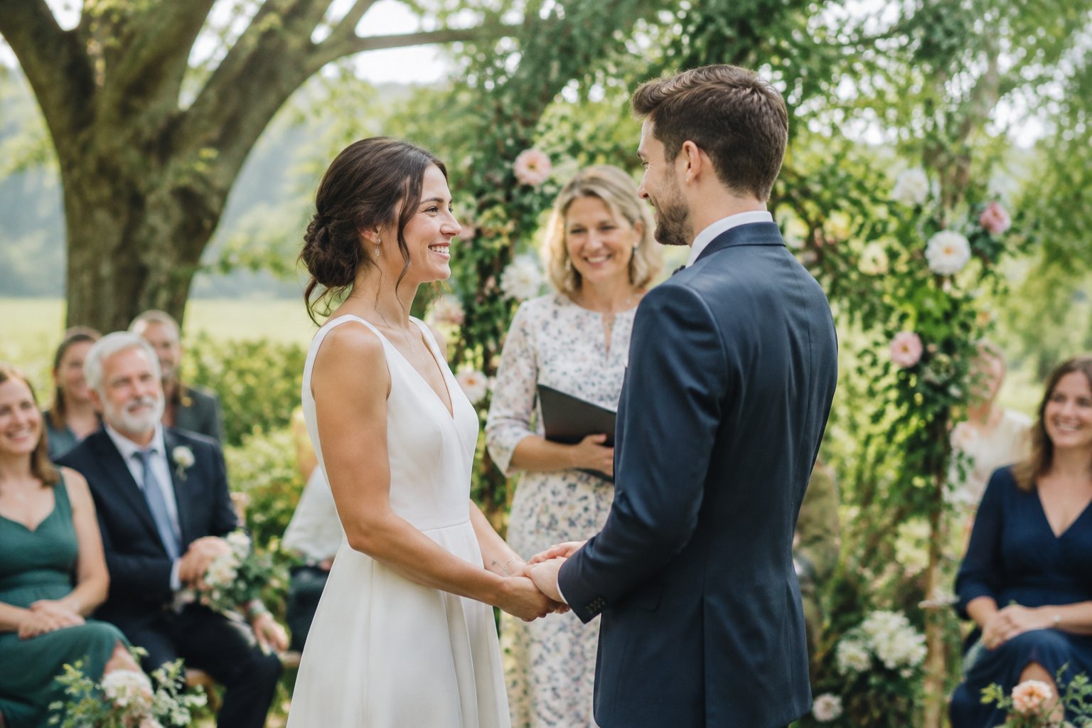 A couple exchanges vows in a garden as family and friends look on.
