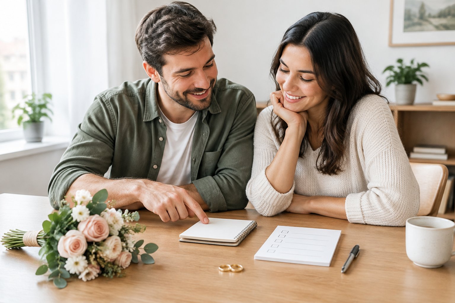 An engaged couple calmly planning their wedding together at a table.
