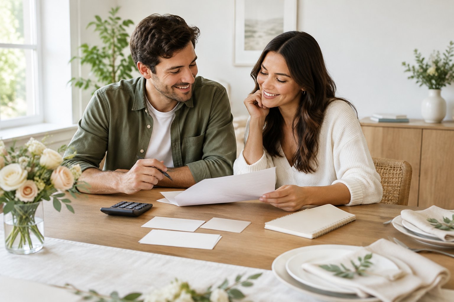 A couple reviews wedding plans together at a small table.