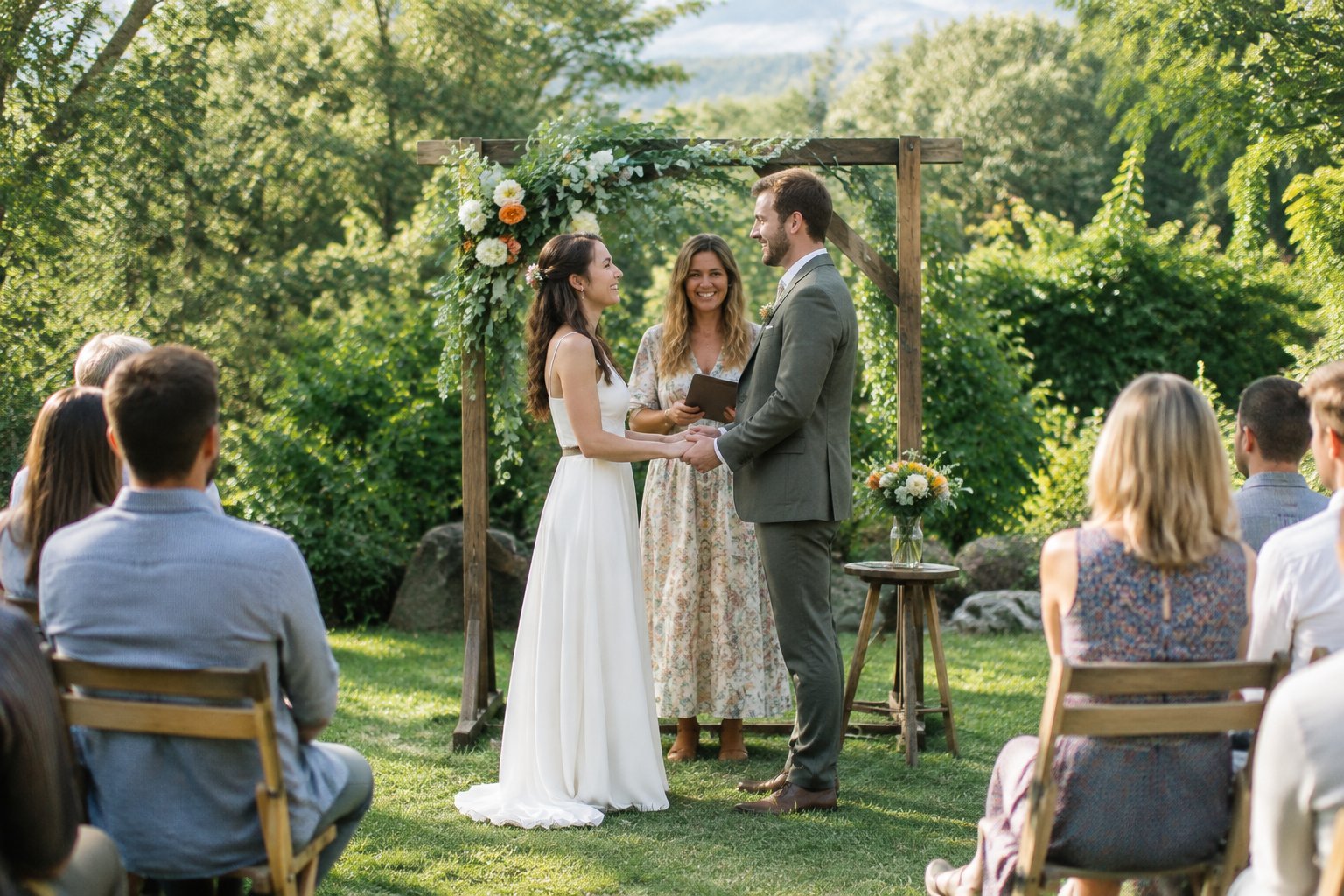 A couple exchanges vows at a simple garden wedding surrounded by guests.