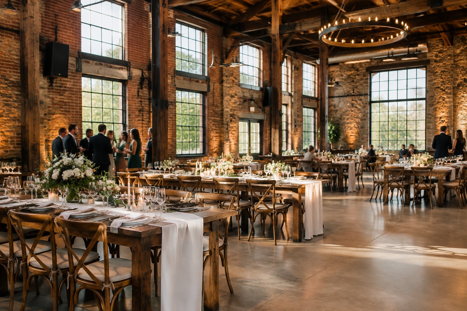 A wedding reception set inside a spacious brick industrial venue.