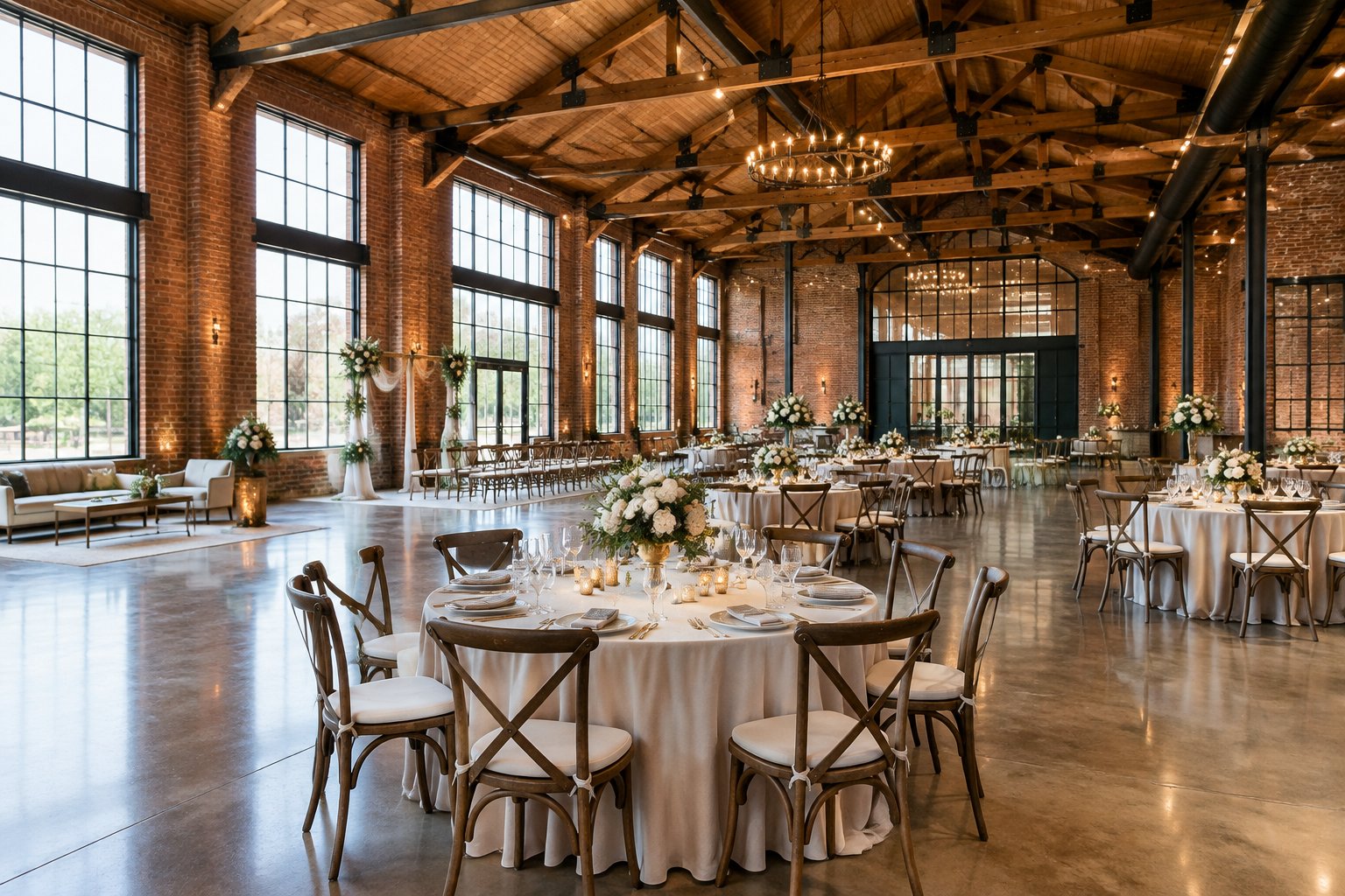 A decorated wedding reception inside a spacious brick industrial venue.