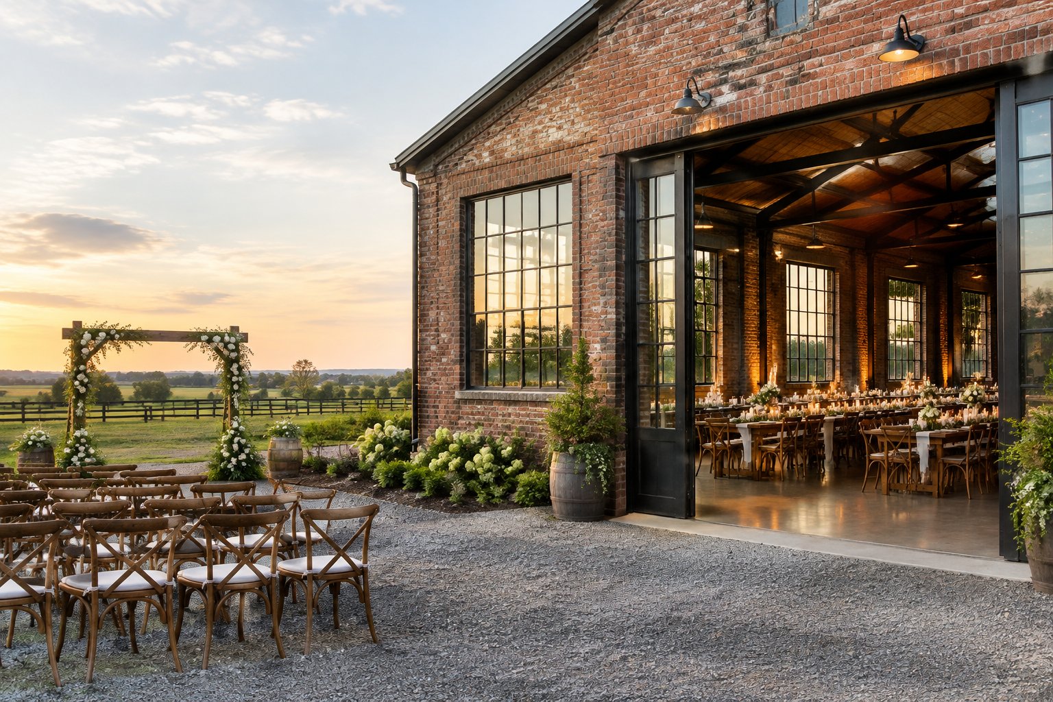 A rustic brick venue beside a rural landscape, prepared for an elegant wedding reception.