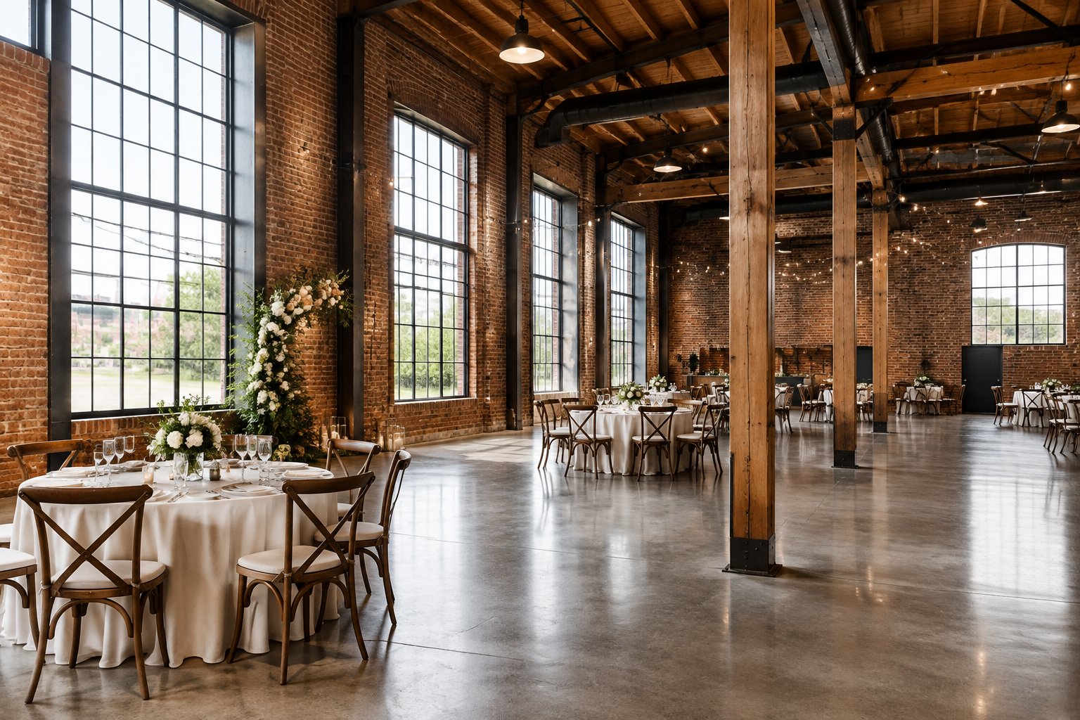 A wedding-ready warehouse venue with exposed brick, steel beams, tall windows, and decorated tables.