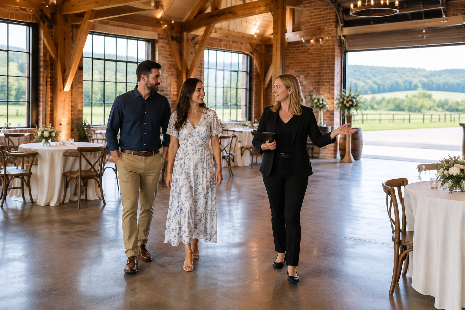 A couple tours a rustic industrial wedding venue with a coordinator.