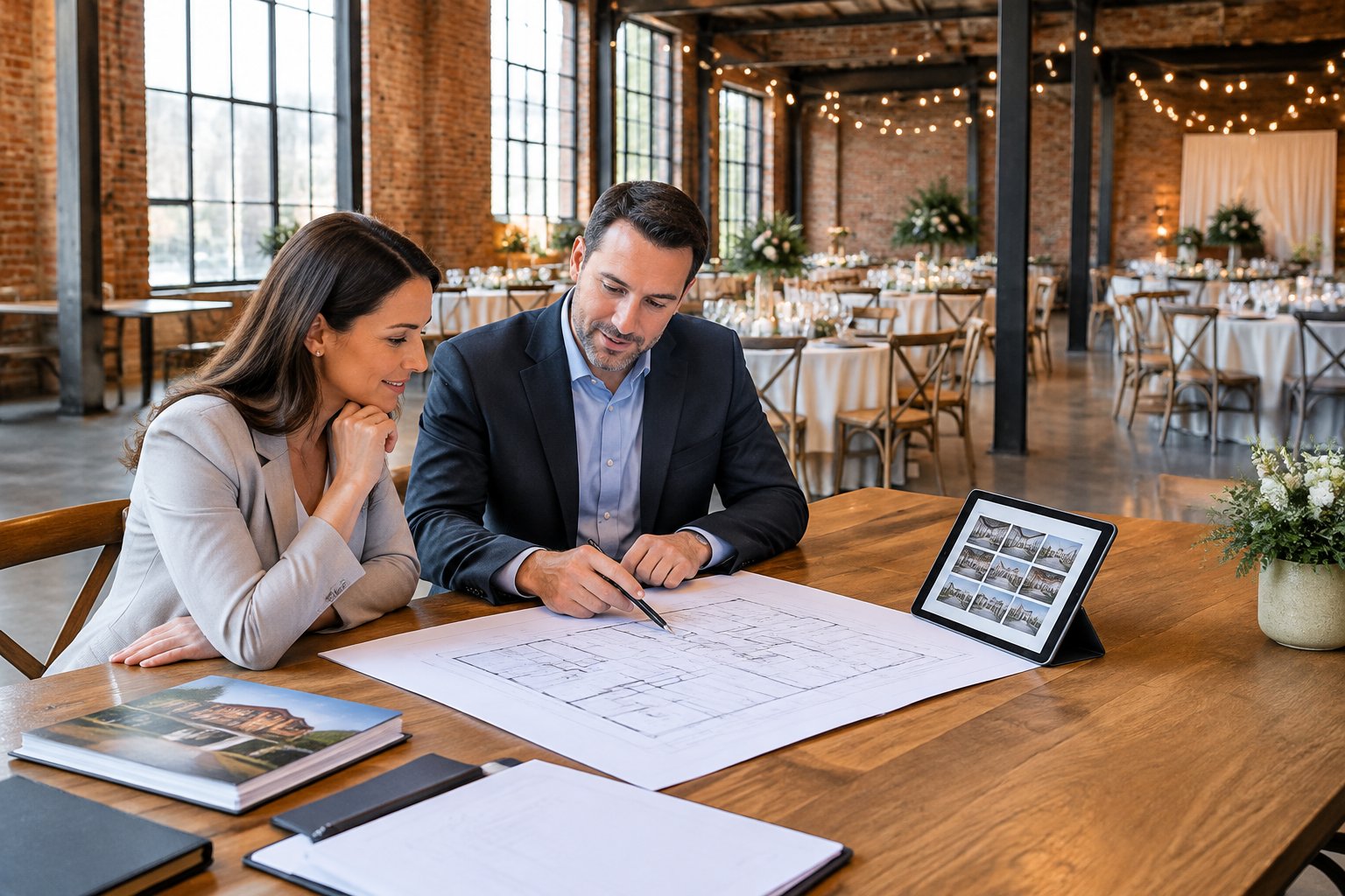A buyer and real estate professional review plans inside a converted industrial wedding venue.